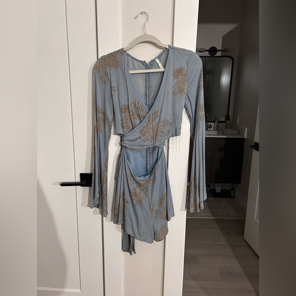 Blue and Brown Wrap Romper with Bell Sleeves